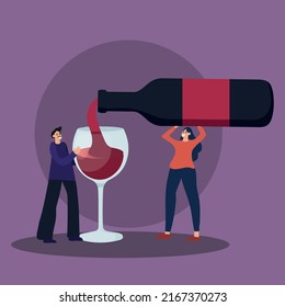 Wine Degustation. Woman pouring wine to man holding huge glass. Man with wine glass tasting alcoholic drink. Professional expert with bottle explaining beverage features. Flat vector illustration. - Shutterstock ID 2167370273