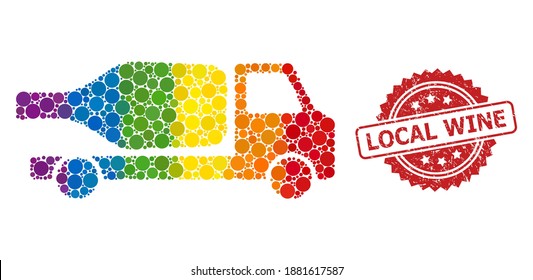Wine delivery collage icon of spheric blots in different sizes and LGBT color hues, and Local Wine grunge rosette stamp seal. A dotted LGBT-colored Wine delivery for lesbians, gays,