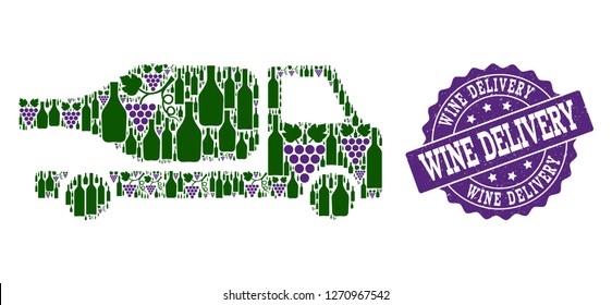 Wine delivery composition of alcohol bottles and grape and grunge stamp seal. Isolated vectors in green and purple colors on a white background for bars, alcohol shop banners, ads, concepts.