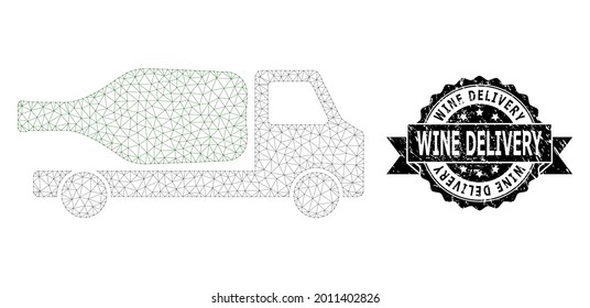 Wine Delivery dirty seal imitation and vector wine delivery mesh model. Black stamp seal contains Wine Delivery caption inside ribbon and rosette. Abstract flat mesh wine delivery,