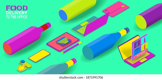 Wine delivery to the office. Colored bottles of wine, a laptop and a digital tablet with a web site. Vector banner