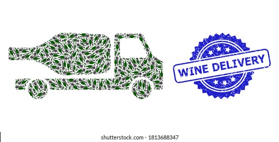 Wein Lieferung unreiner Stempel und Vektor fraktale Collage Wein Lieferung. Die blaue Stempelmarke enthält den Titel "Wine Delivery"in Rosette. Die Vektorgrafik erfolgt aus den nach dem Zufallsprinzip rotierten Weinlieferungssymbolen.