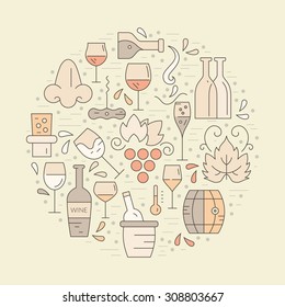 Wine design elements in circle shape - corkscrew, bottles, glasses, wine splashes. Perfect vineyard advertising design.
