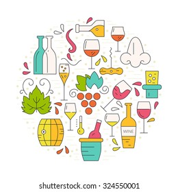 Wine design elements in circle shape - corckscrew, bottles, glasses, wine splashes. Perfect winedesign element for flyer, banner or advertising campaign.