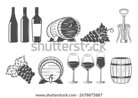 Wine design elements. Set of vector engraved emblems with bottles of wine, glasses, barrels and grape vines. Vintage stickers and badges. Elements of illustration or logo