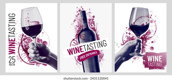 Plantillas de diseño de vino. Collage creativo con copa de vino, botella de vino y manchas de vino tinto. Ilustración de vector