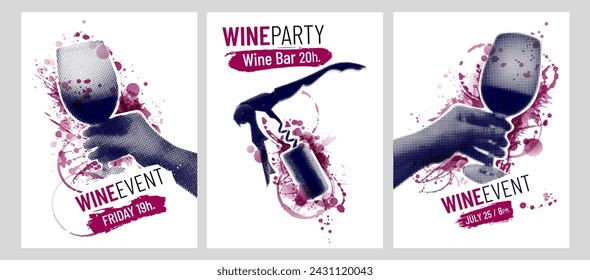 Wine design templates. Creative collage with wine glass, corkscrew and red wine stains. Vector illustration.