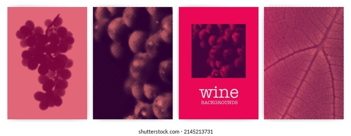 Wine designs. Background vector images with halftone effect. Bunch of grapes and texture of vineyard leaves. For brochure designs, covers, t-shirts, textiles.