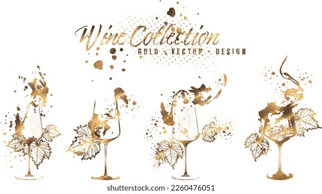 Wine Designs - Collection of wine glasses and bottles. Hand drawn elements for invitation cards, advertising banners, menus in gold style. Wine glasses with splashing wine. Sketch vector illustration	