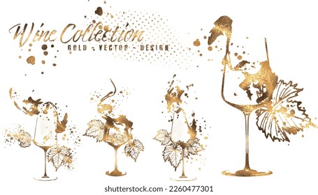 Diseños de vino - Colección de vasos de vino y botellas. Elementos dibujados a mano para tarjetas de invitación, banners publicitarios, menús en estilo dorado. Gafas de vino con vino que salpica. Dibujar ilustración vectorial	