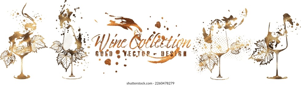 Wine Designs - Collection of wine glasses and bottles. Hand drawn elements for invitation cards, advertising banners, menus in gold style. Wine glasses with splashing wine. Sketch vector illustration