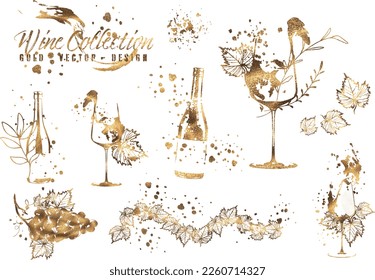 Wine Designs - Collection of wine glasses and bottles. Hand drawn elements for invitation cards, advertising banners, menus in gold style. Wine glasses with splashing wine. Sketch vector illustration	