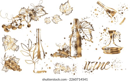 Wine Designs - Collection of wine glasses and bottles. Hand drawn elements for invitation cards, advertising banners, menus in gold style. Wine glasses with splashing wine. Sketch vector illustration