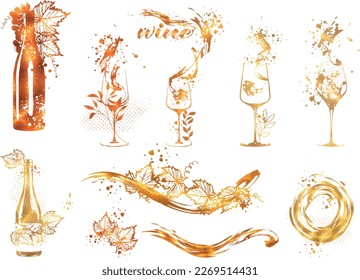 Wine Designs - Collection of wine glasses and bottles. Hand drawn elements for invitation cards, advertising banners, menus in gold style. Wine glasses with splashing wine. Sketch vector illustration	