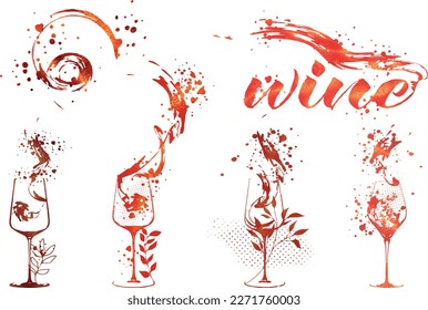 Diseños de vino - Colección de vasos de vino y botellas. Elementos dibujados a mano para tarjetas de invitación, banner publicitario y tarjetas de menú. Gafas de vino con vino que salpica. Dibujar ilustración vectorial	