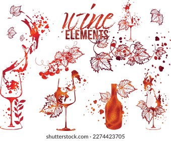 Wine Designs - Collection of wine glasses and bottles. Hand drawn elements for invitation cards, advertising banner and menu cards. Wine glasses with splashing wine. Sketch vector illustration.