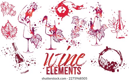 Wine Designs - Collection of wine glasses and bottles. Hand drawn elements for invitation cards, advertising banner and menu cards. Wine glasses with splashing wine. Sketch vector illustration	