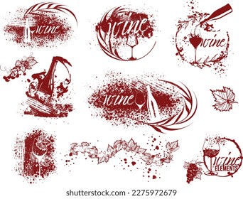Wine Designs - Collection of wine glasses and bottles. Sketch vector illustration. Hand drawn elements for invitation cards, advertising banner and menu cards. Wine glasses with splashing wine.