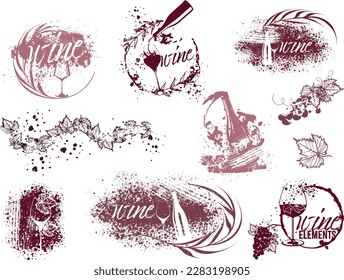 Wine Designs - Collection of wine glasses and bottles. Sketch vector illustration. Hand drawn elements for invitation cards, advertising banner and menu cards. Wine glasses with splashing wine.