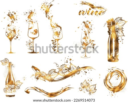 Wine Designs - Collection of wine glasses and bottles. Hand drawn elements for invitation cards, advertising banners, menus in gold style. Wine glasses with splashing wine. Sketch vector illustration	