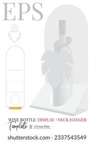 Exhibición de vid y colgador de cuello en forma de plancha de corte de hoja de uva. El colgador blanco claro del cuello del vino se burla del aislado en fondo blanco, vector. Diseño de empaque.