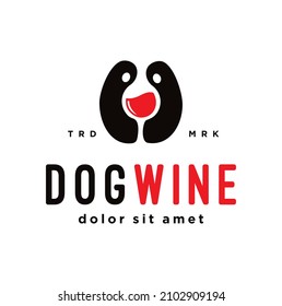 Wine dog logo design emblem beverage concept. Beer Emblem Puppy pet logo with glass Vector Label Stock Illustration.