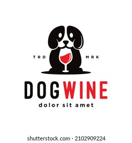Wine dog logo design emblem beverage concept. Beer Emblem Puppy pet logo with glass Vector Label Stock Illustration.