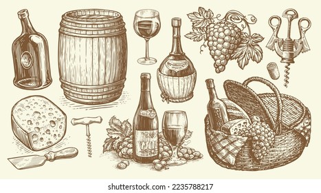 Wine drink concept. Barrel, wineglass, bottle, grapevine, corkscrew. Viticulture sketch collection vector illustration