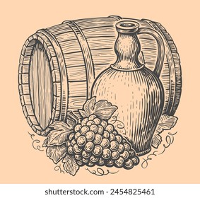 Wine drink concept. Jug, bunch of grapes and wooden barrel. Vintage vector illustration sketch