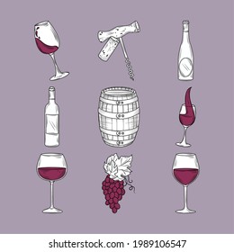 wine drink cup barrel grapes and corkscrew