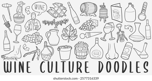 Wine Drink Doodle Icons. Hand Drawn Made Line Art. Winery Clipart Symbol Design.