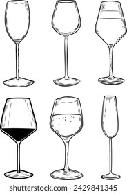 Ilustración de dibujo de conjunto de copas de vino.