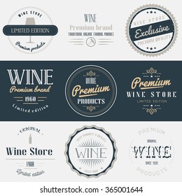 Wine drink labels set. Brands design elements, emblems, logo, badges and stickers. Isolated vector illustration in vintage style.