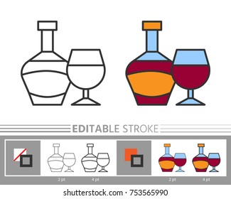 Wine, drink linear icon. Line without and with color fill Editable stroke, fill, background. Simple outline sign Web, print, logo, kids, adult antistress coloring page, book design Vector illustration