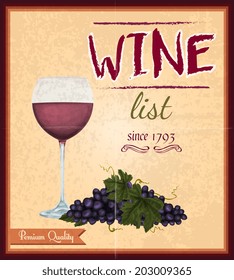 Wine drink list card menu template with glass of rose retro poster vector illustration