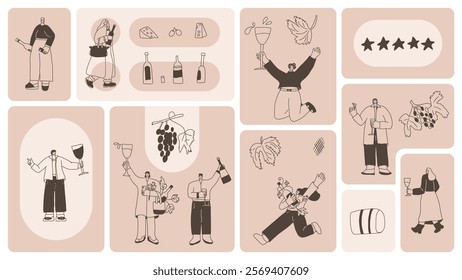 Wine drink people on bento grid box background. Tasting event on modular mosaic grid. Party with alcohol drinks. Women and men with wineglasses visit a vineyard. Geometric vector doodle illustration.