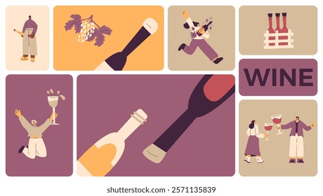 Wine drink people on bento grid box background. Tasting event on modular mosaic grid. Party with alcohol drinks. Women and men with wineglasses visit a vineyard. Geometric vector flat illustration.