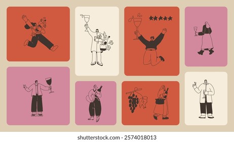 Wine drink people on bento grid box background. Tasting event on modular mosaic grid. Party with alcohol drinks. Women and men with wineglasses visit a vineyard. Geometric vector doodle illustration.