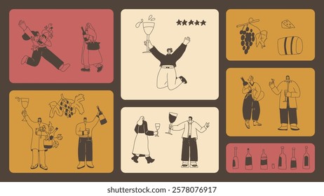 Wine drink people on bento grid box background. Tasting event on modular mosaic grid. Party with alcohol drinks. Women and men with wineglasses visit a vineyard. Geometric vector doodle illustration.