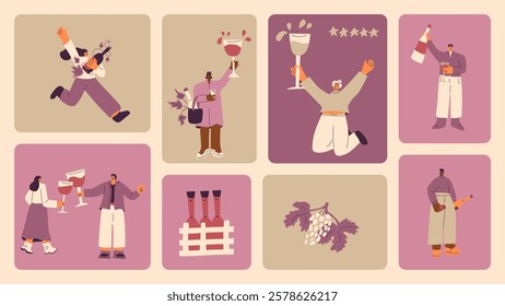 Wine drink people on bento grid box background. Tasting event on modular mosaic grid. Party with alcohol drinks. Women and men with wineglasses visit a vineyard. Geometric vector flat illustration.