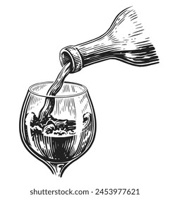 Wine drink pouring from bottle into glass. Hand drawn sketch illustration engraving style