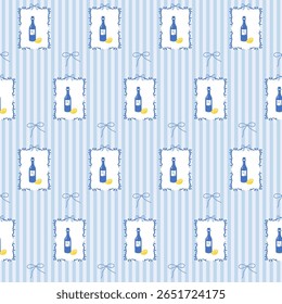Wine Drink Seamless Pattern Background.  Sketch Vintage Wrapping Paper Print. Doodle Line Mediterranean Wine Bottle Amalfi Style Stroke Symbol Textile Swatch. Striped Minimalist Hand Drawn Surface Art