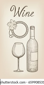 Wine drink set. Wine glass, bottle, grape branch, handwritten lettering. Vineyard sketch style background