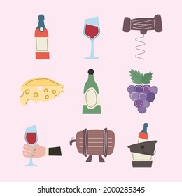 wine drink set nine icons
