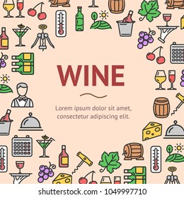 Wine Drink Signs Round Design Template Line Icon Frame or Border Concept. Vector illustration of Service Ad Celebrate