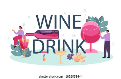 Wine drink typographic header. Grape wine in a bottle and glass full of alcohol drink. Red wine with appetizer. Isolated vector illustration