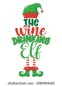 The wine drinking elf - phrase for Christmas clothes or ugly sweaters. Hand drawn lettering for Xmas greetings cards, invitations. Good for t-shirt, mug, gift tag, printing press. Little Elf.