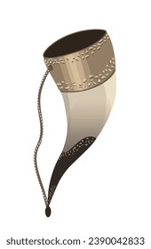 Wine drinking horn for alcoholic drinks, spirits. Souvenir horn for alcoholic beverages on a chain isolated on a white background. The edges of the horn inlaid with metal