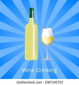 Wine drinking poster bottle of white vino and glass isolated on background with rays. Elite classic alcoholic drink in modern glassware without label