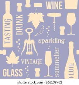 Wine and drinking vintage seamless pattern, two colors, with corks, corkscrew and vine leaf